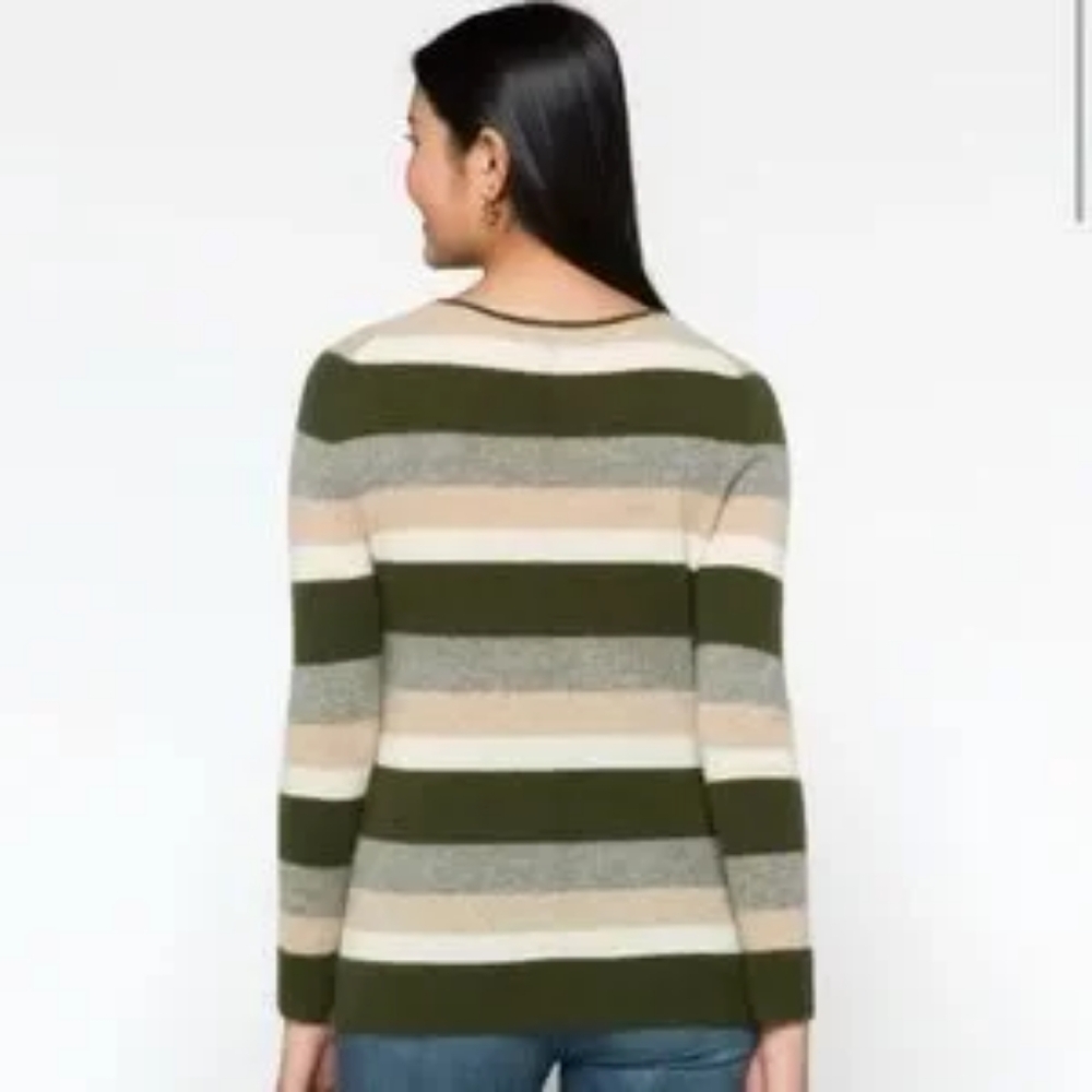 Nwt 41 Hawthorn Women Green Grey Tan Striped SOFT No Itch 100% Cashmere Sweater - Picture 2 of 8